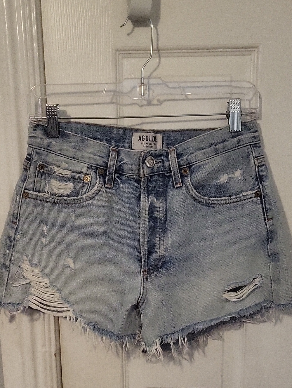 Agolde Light Wash High Rise Distressed Denim Cutoff Shorts